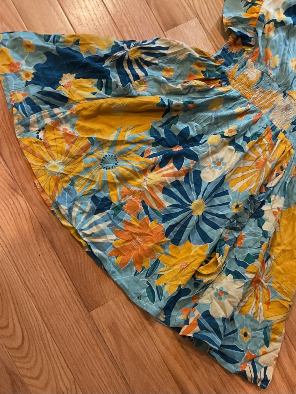 Angie Blue & Yellow Floral V-Neck Smocked Mini Dress Anthropologie Medium boho - Picture 8 of 14